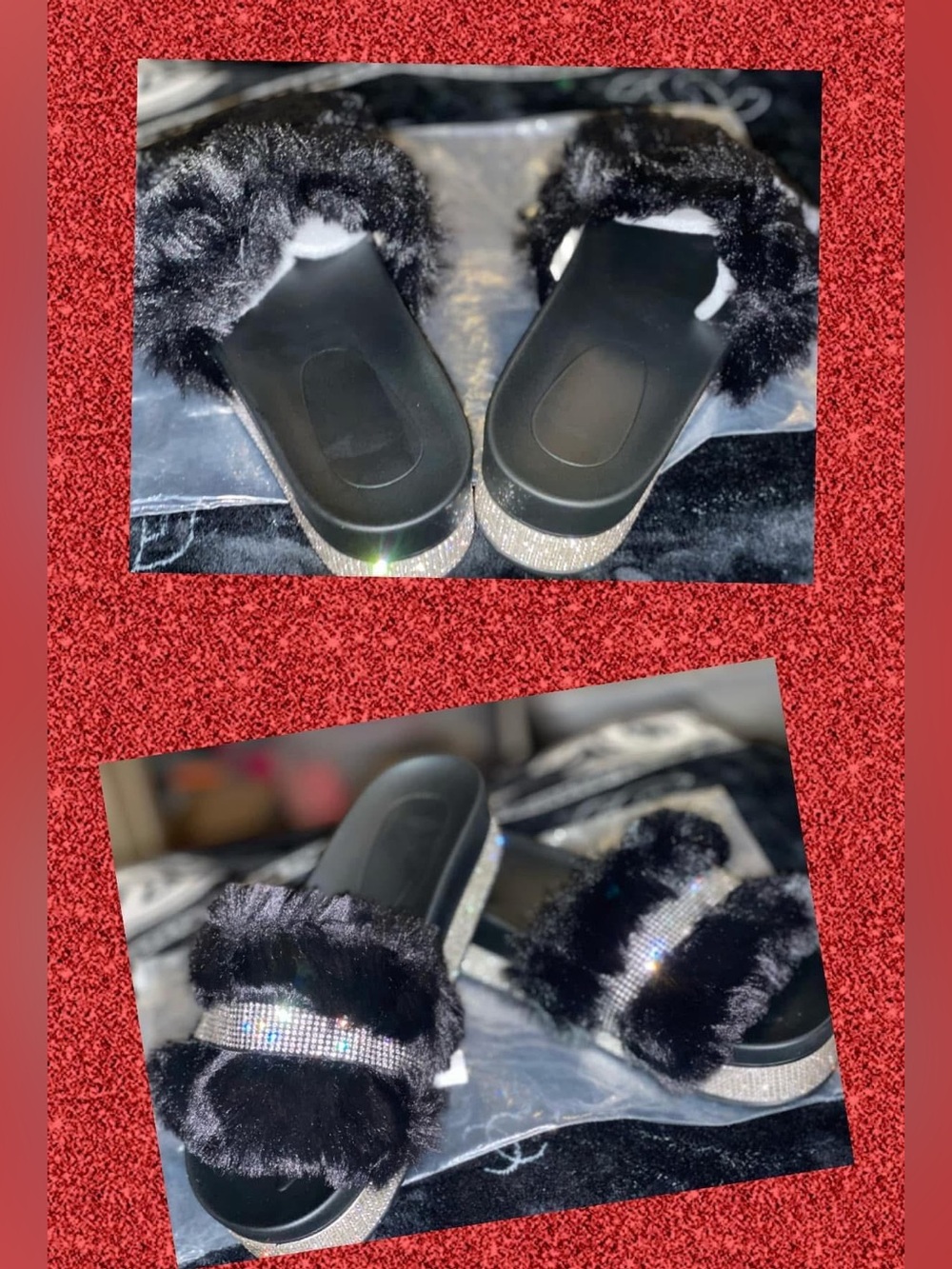 Black Faux Fur & Rhinestone Slide Sandals